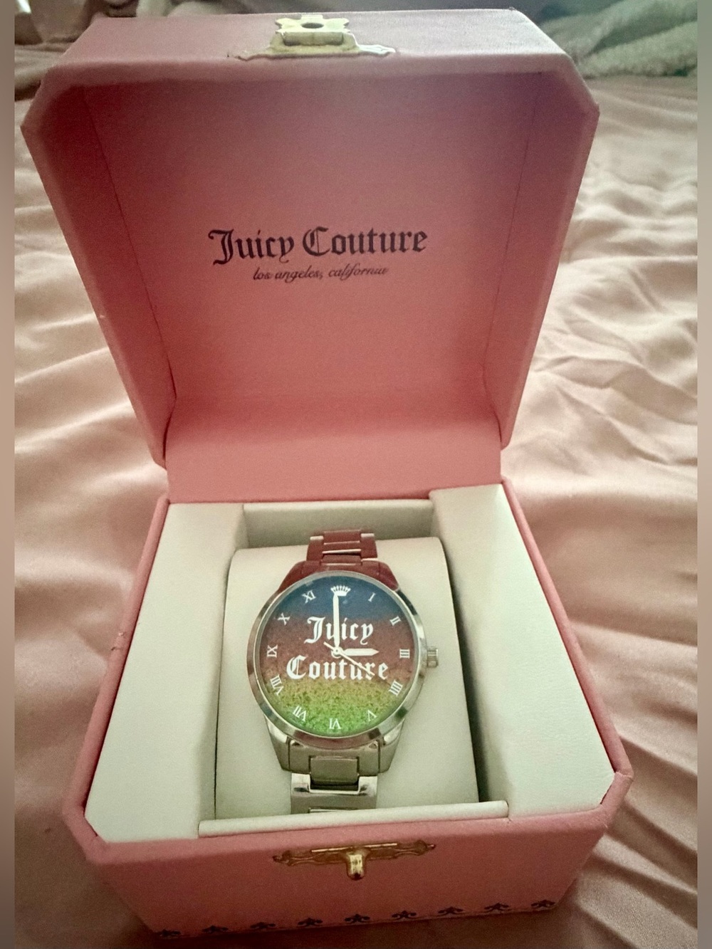 Juicy Couture Silver Band Glitter Ombre Rainbow Dial Women’s Watch in Gift Box